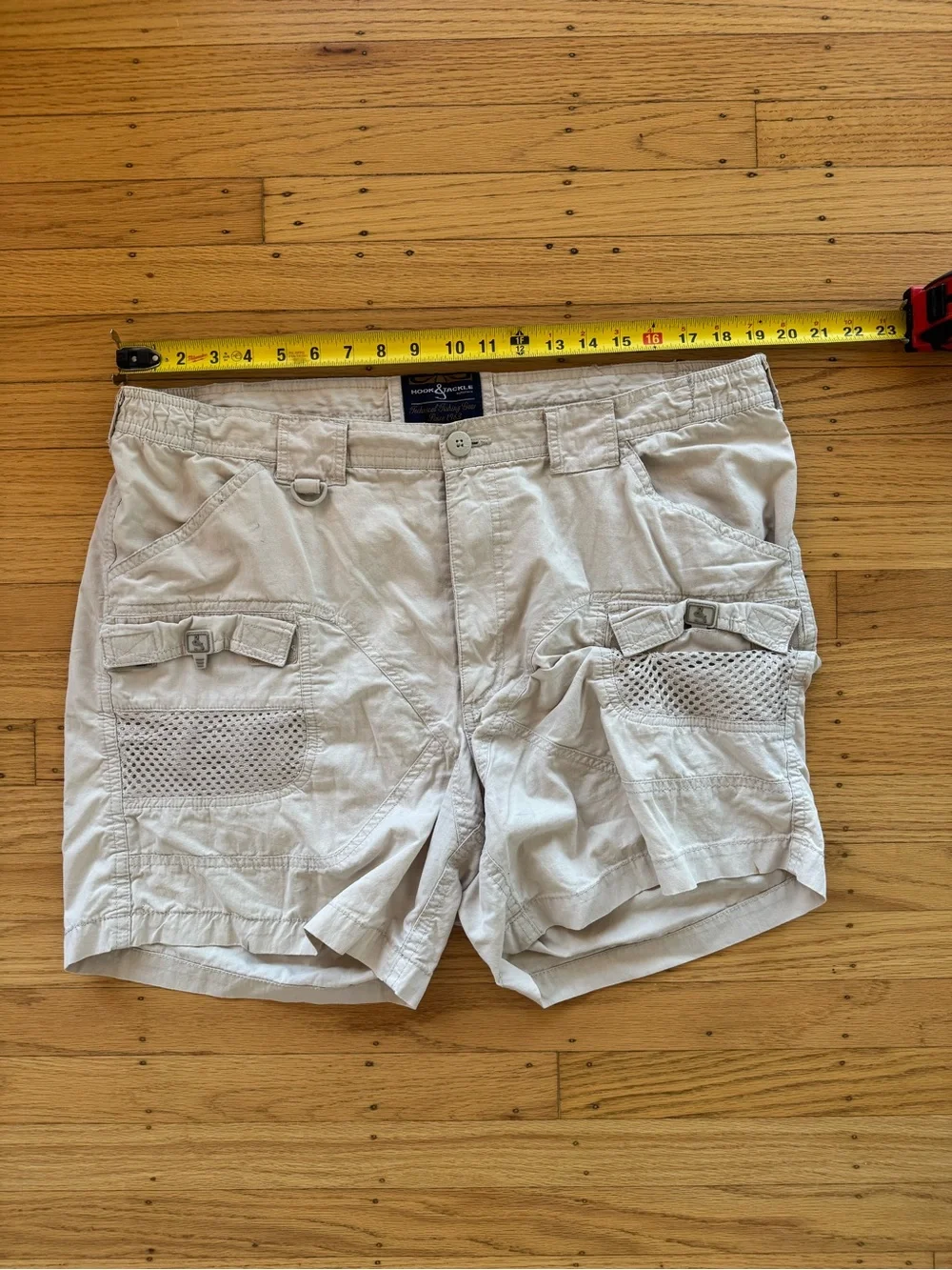 Hook & Tackle Beer Can Island Cargo Shorts Mens 38 Beige Canvas Fishing Outdoor